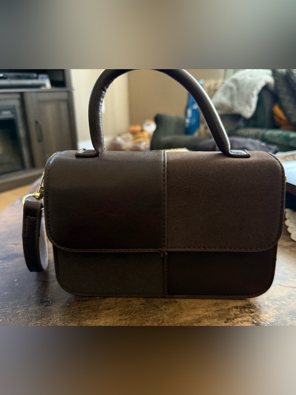 Dark Brown faux Leather and suede Top-Handle purse